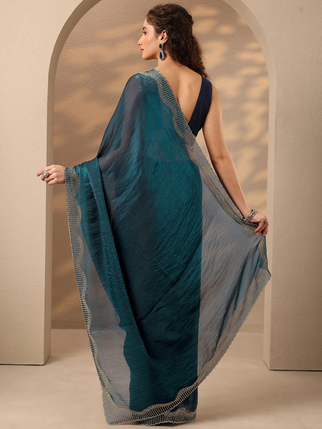  Teal Solid Silk Blend Saree With Unstitched Blouse Piece 
