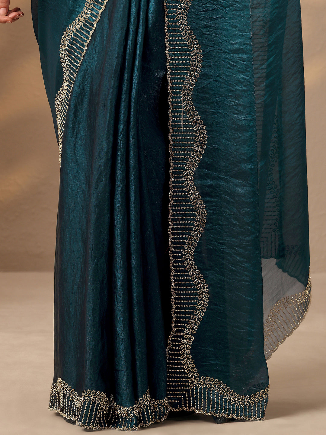  Teal Solid Silk Blend Saree With Unstitched Blouse Piece 