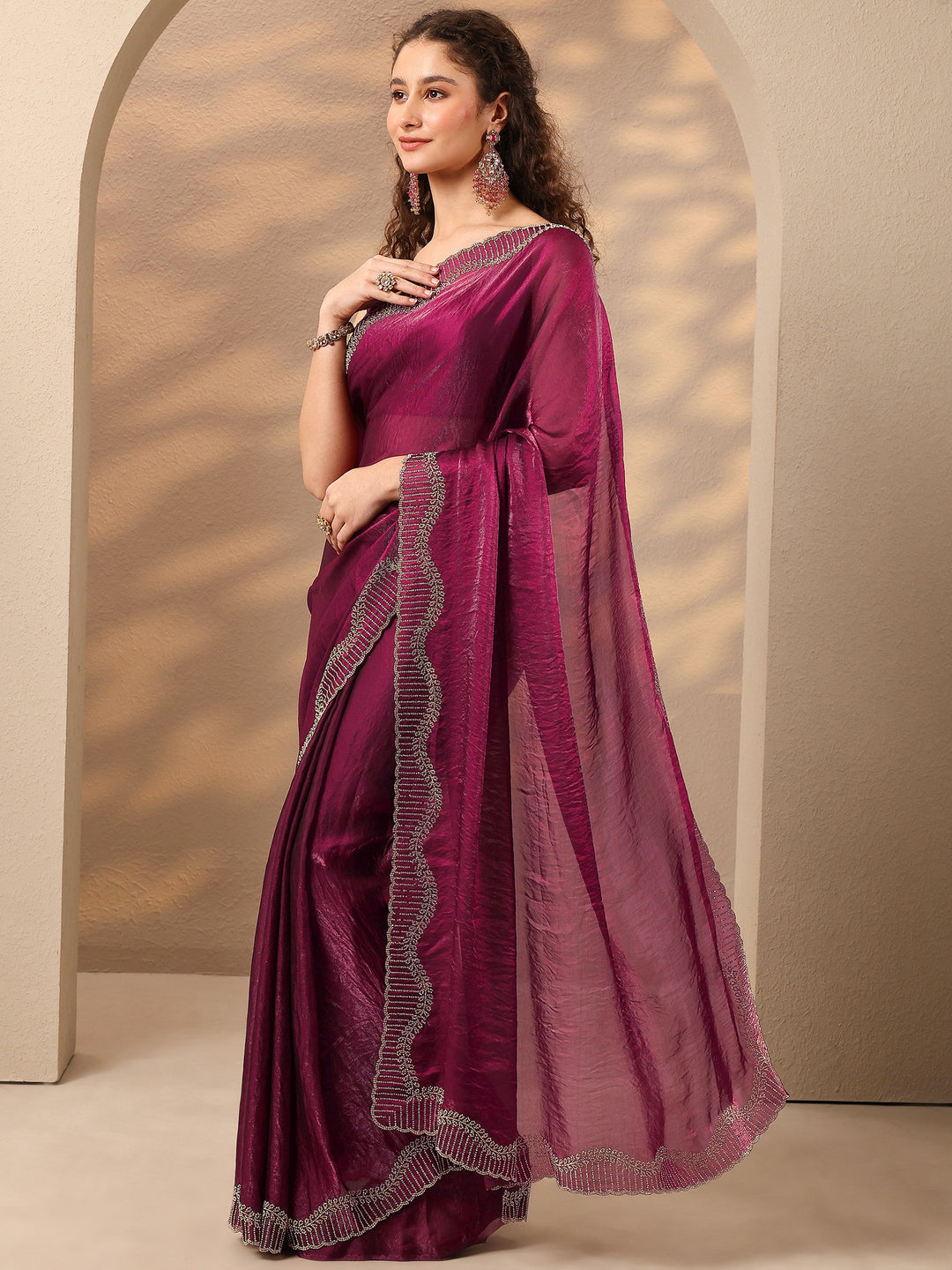  Maroon Solid Silk Blend Saree With Unstitched Blouse Piece 