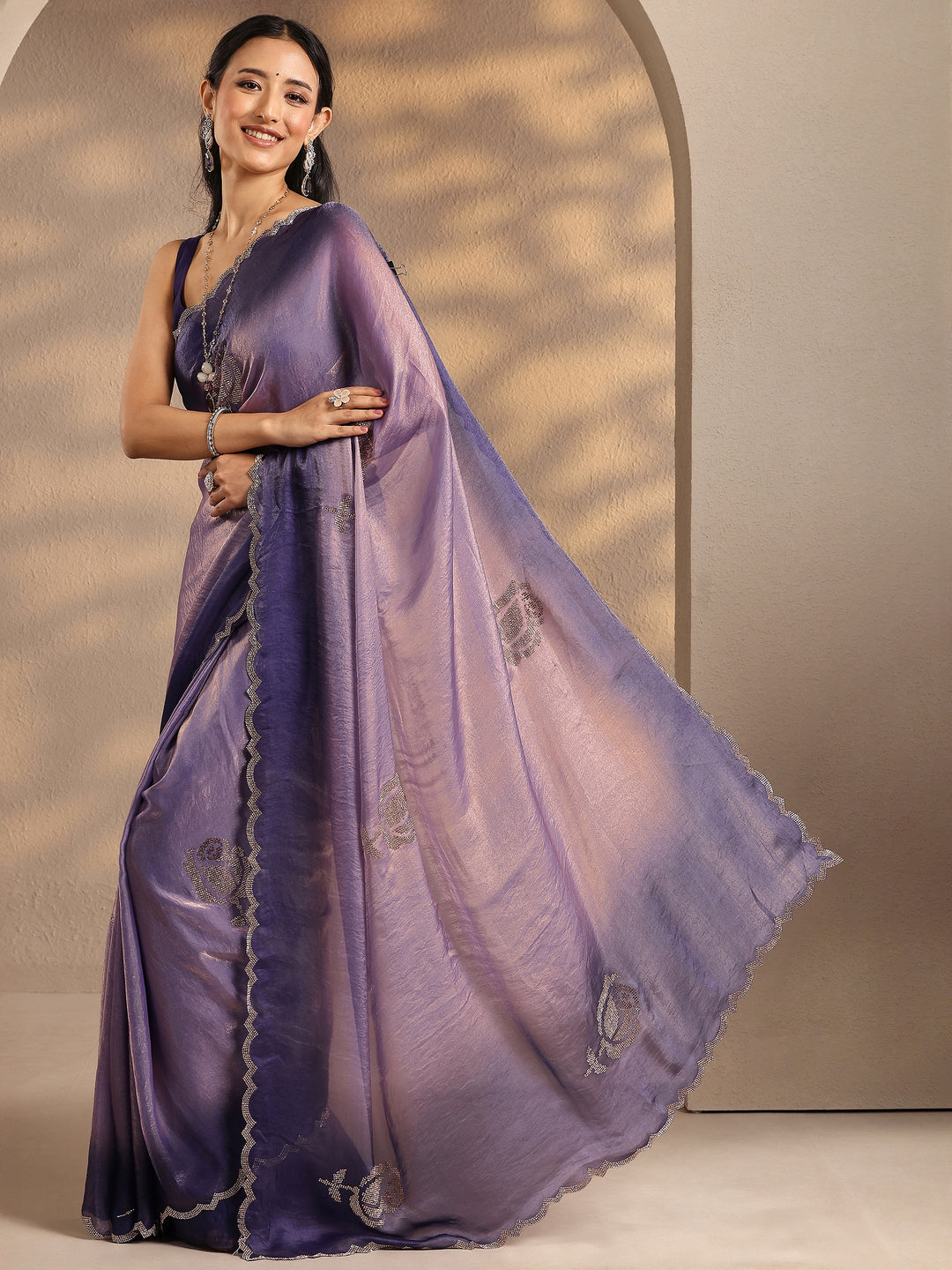  Lavender Embellished Silk Blend Saree With Unstitched Blouse Piece 