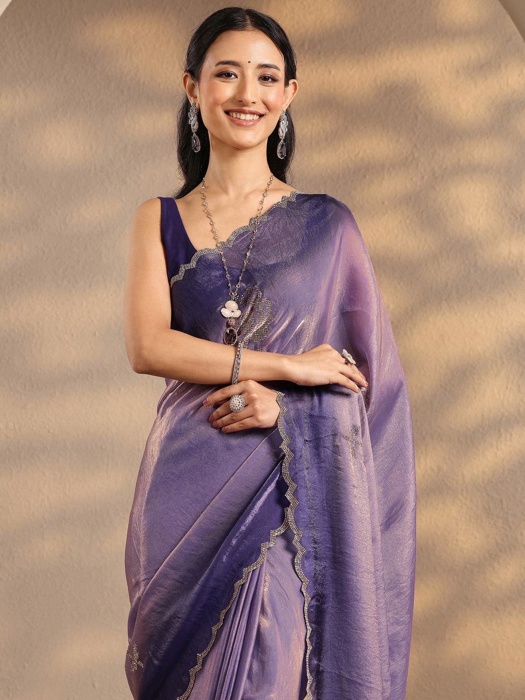  Lavender Embellished Silk Blend Saree With Unstitched Blouse Piece 