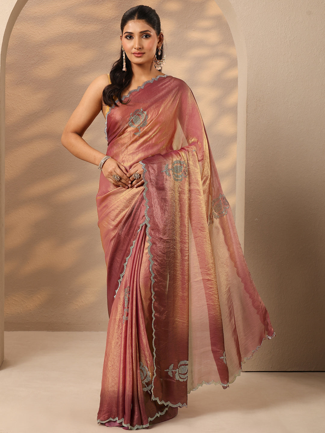  Rust Embellished Silk Blend Saree With Unstitched Blouse Piece 