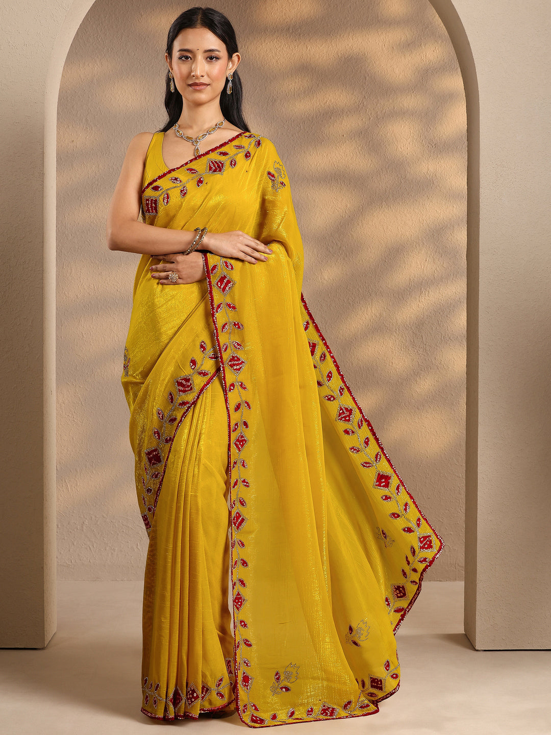  Mustard Embellished Silk Blend Saree With Unstitched Blouse Piece 