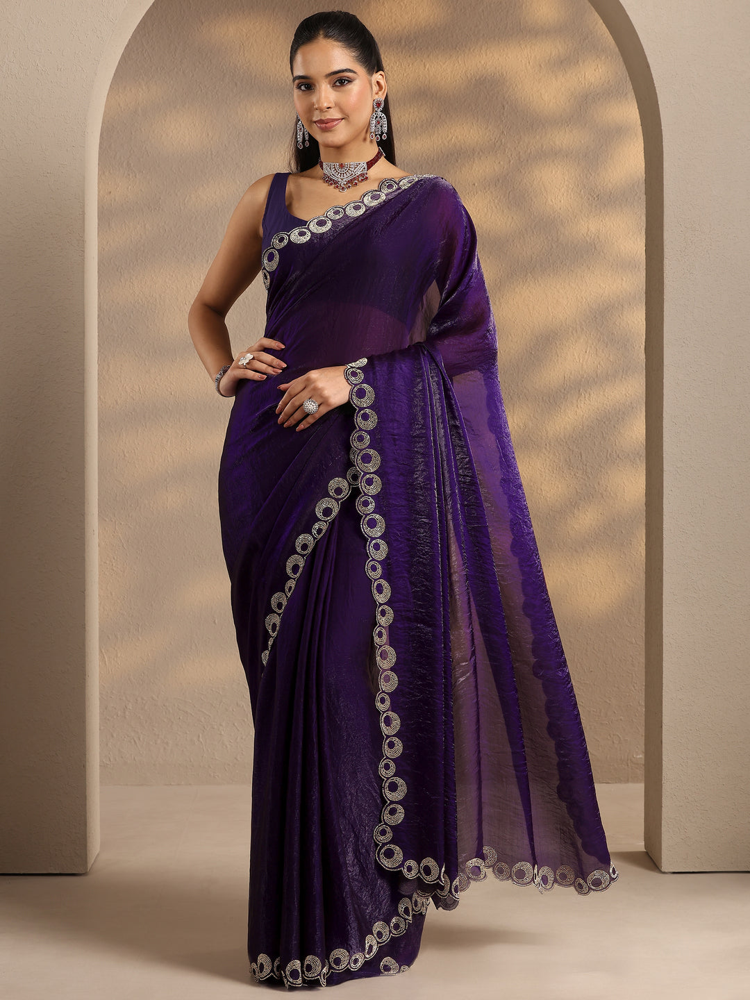  Purple Solid Silk Blend Saree With Unstitched Blouse Piece 