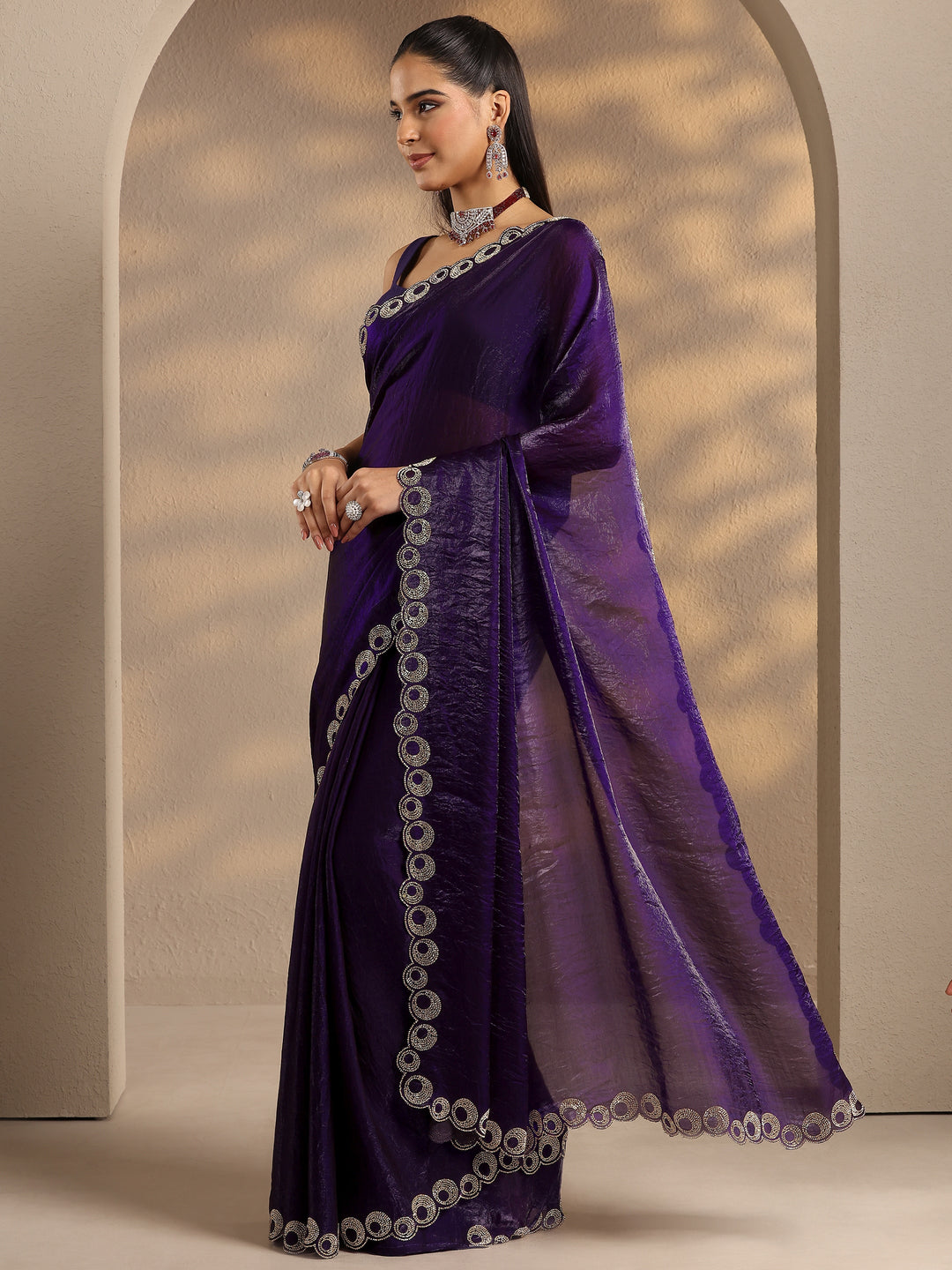  Purple Solid Silk Blend Saree With Unstitched Blouse Piece 
