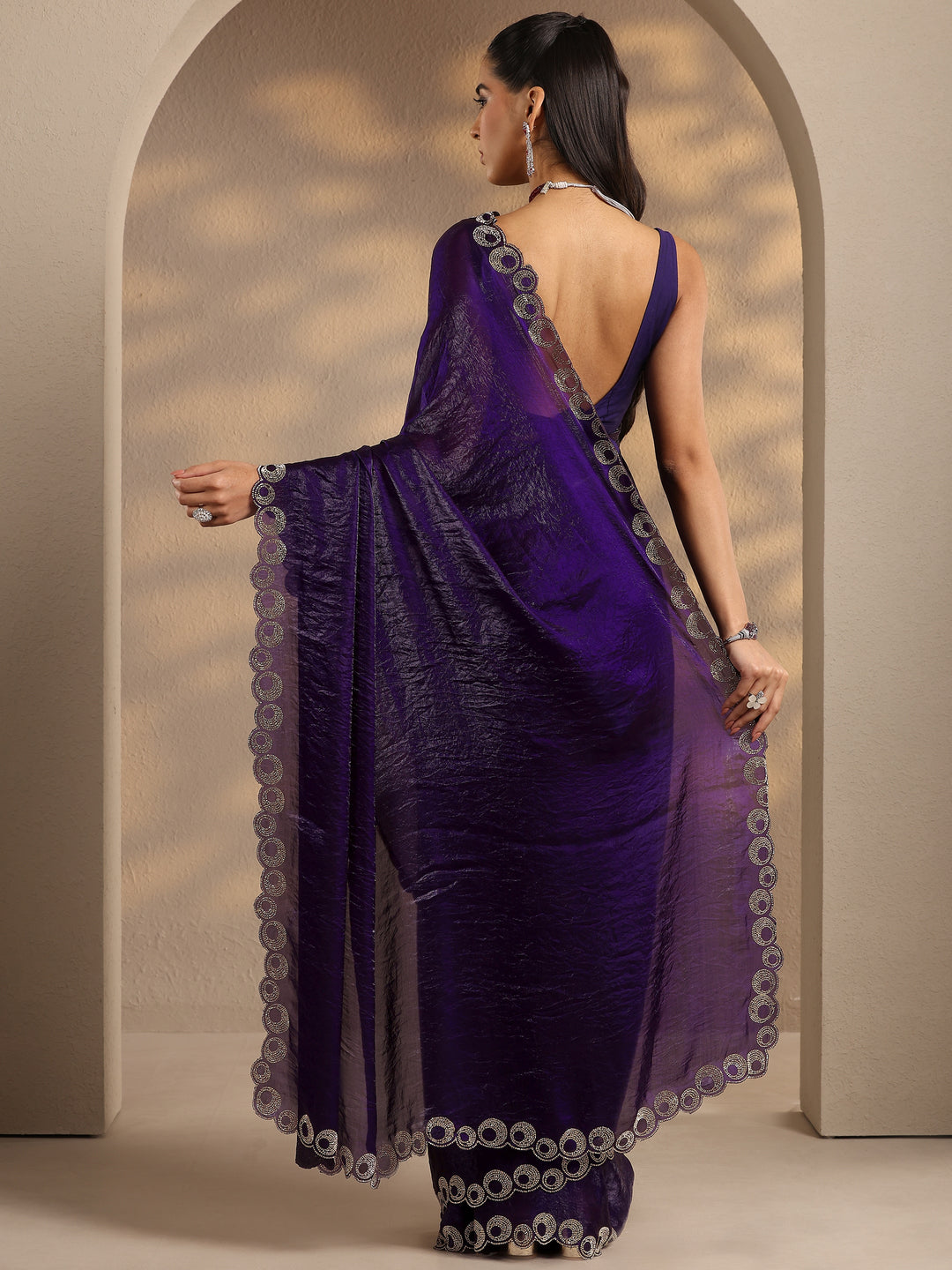  Purple Solid Silk Blend Saree With Unstitched Blouse Piece 