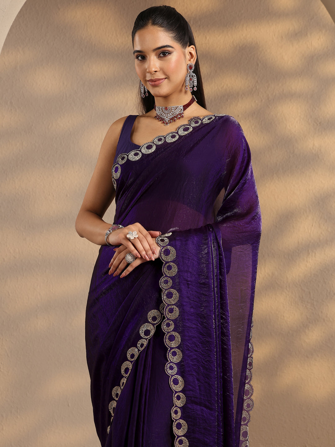  Purple Solid Silk Blend Saree With Unstitched Blouse Piece 