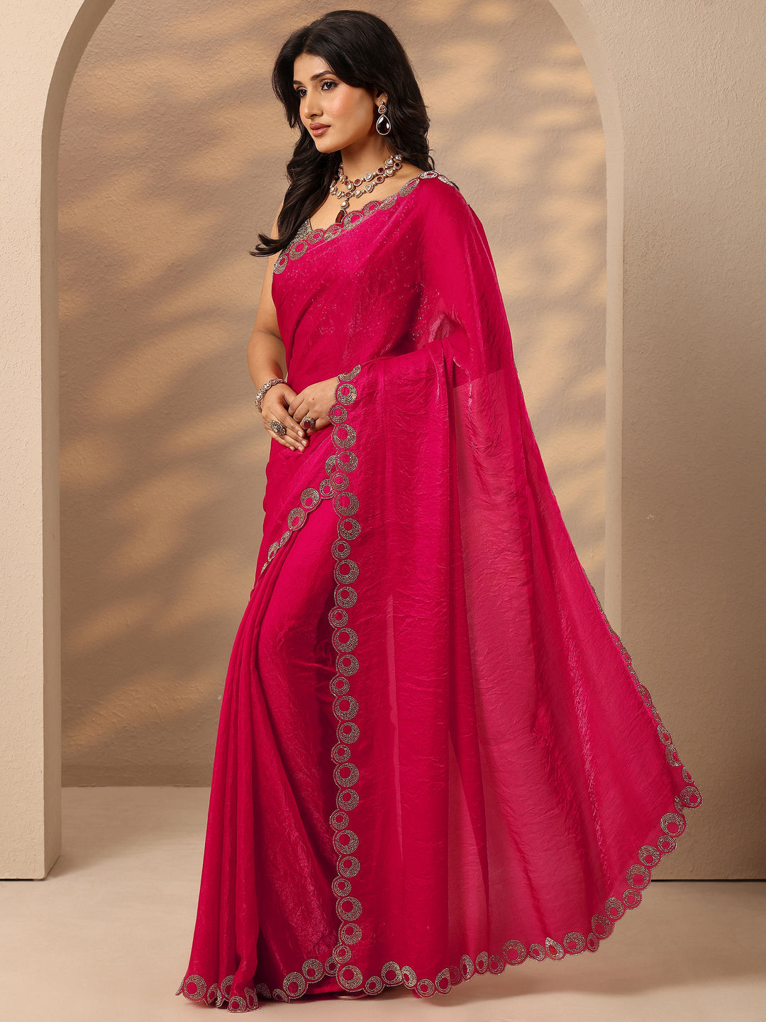  Pink Solid Silk Blend Saree With Unstitched Blouse Piece 