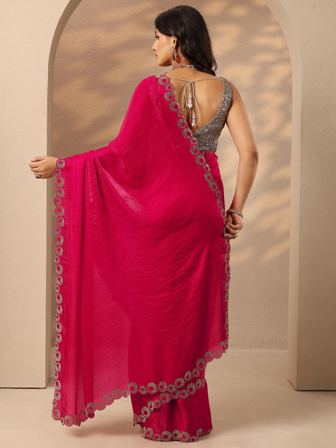  Pink Solid Silk Blend Saree With Unstitched Blouse Piece 