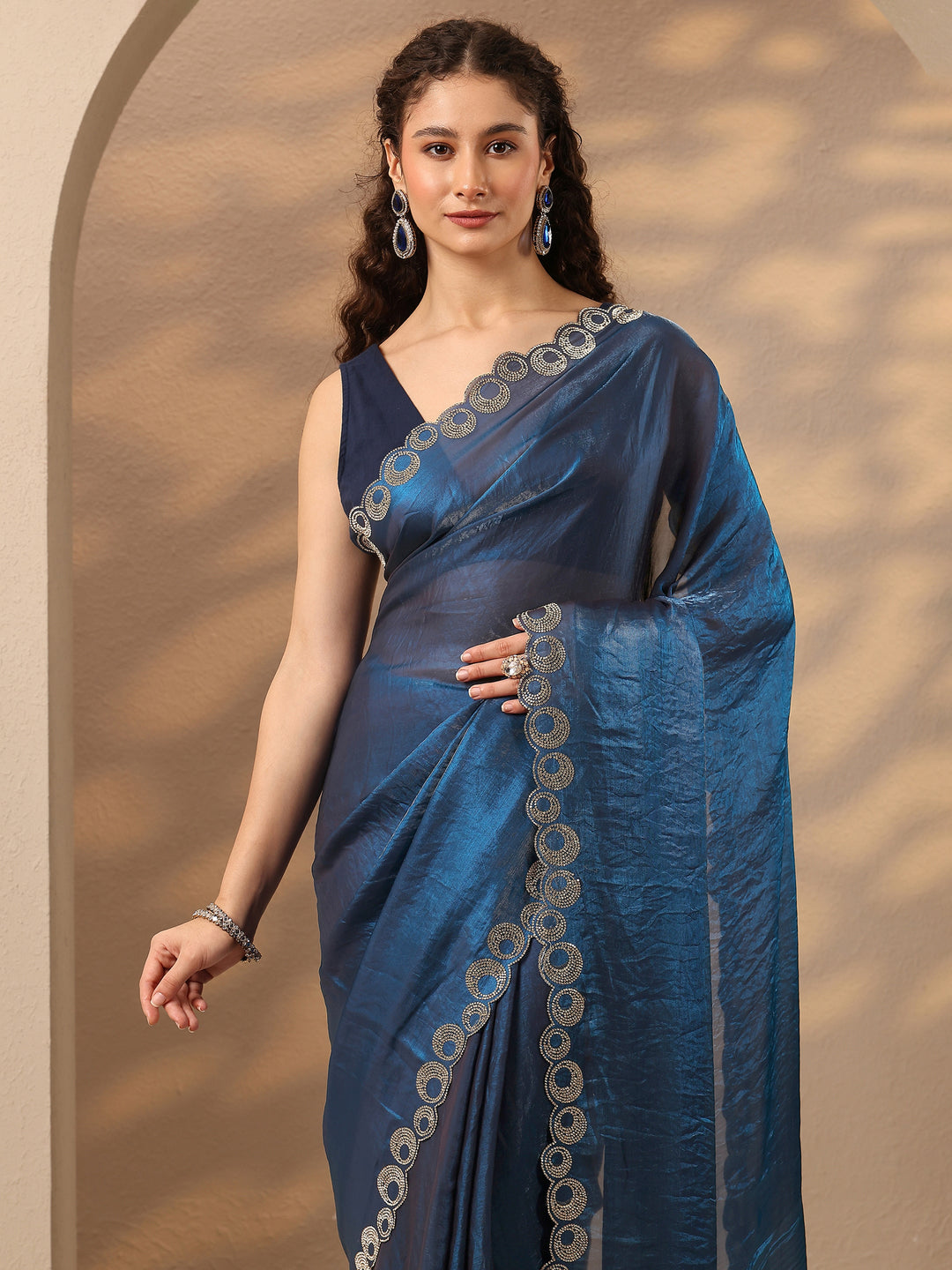  Navy Blue Solid Silk Blend Saree With Unstitched Blouse Piece 