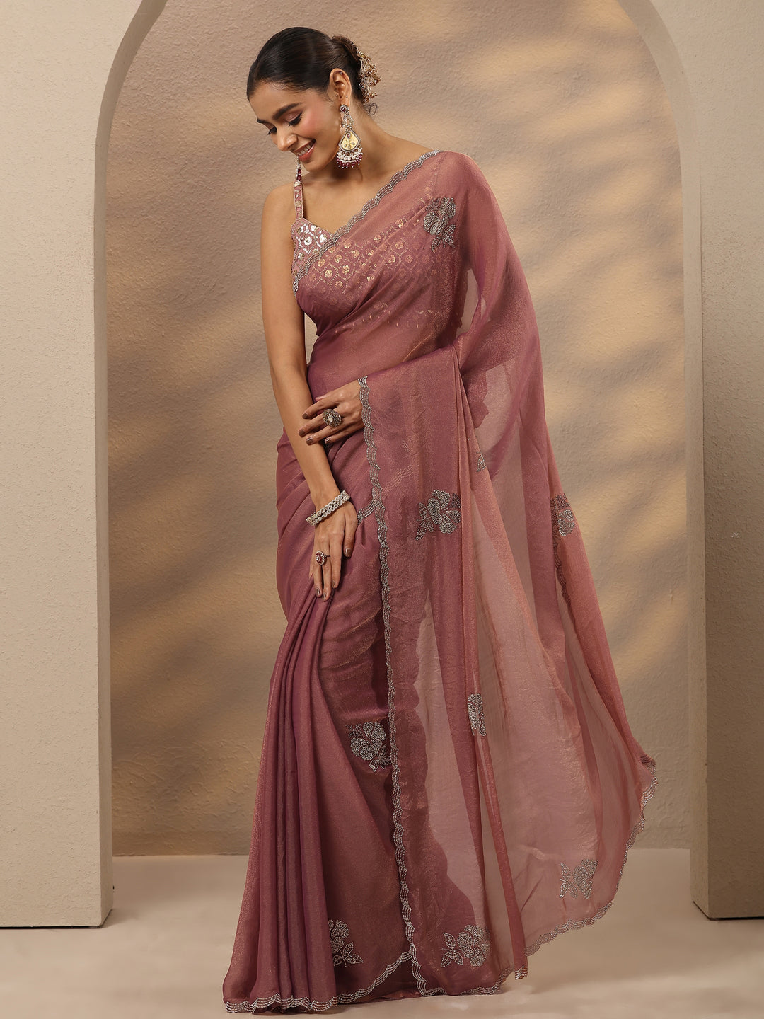  Peach Embellished Silk Blend Saree With Unstitched Blouse Piece 