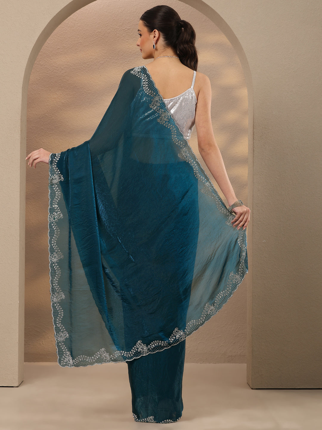  Blue Solid Silk Blend Saree With Unstitched Blouse Piece 