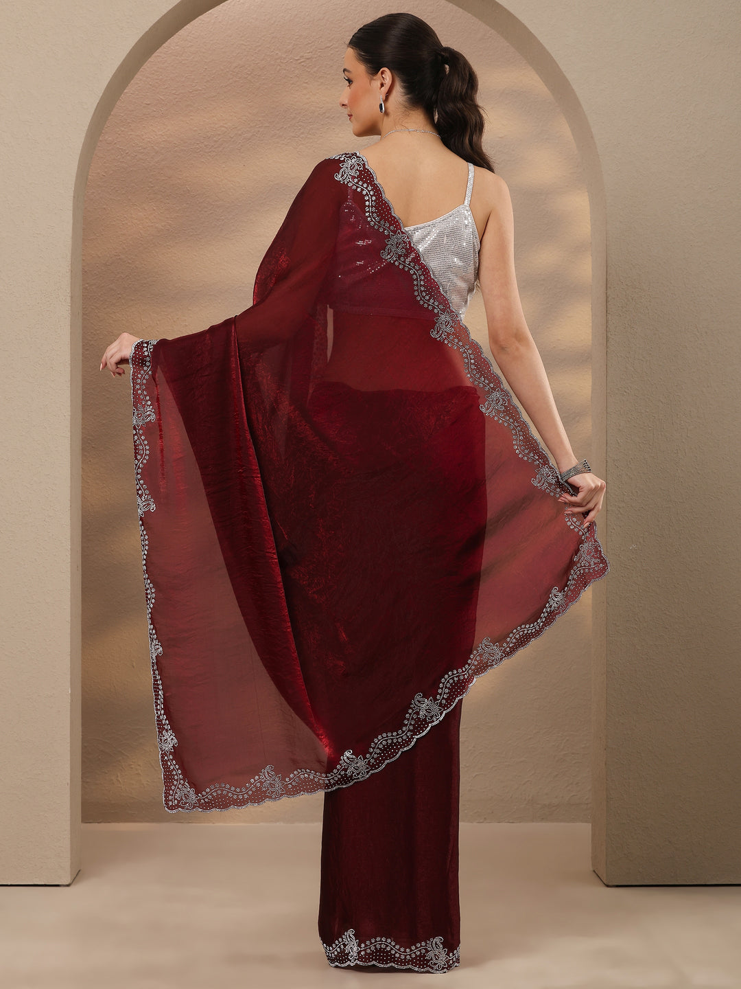  Burgundy Solid Silk Blend Saree With Unstitched Blouse Piece 