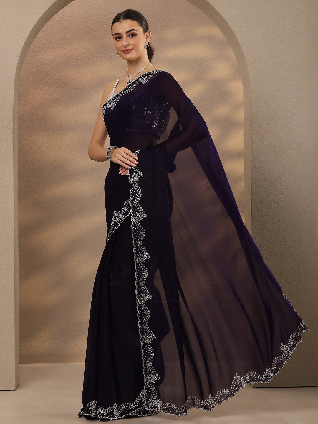  Purple Solid Silk Blend Saree With Unstitched Blouse Piece 