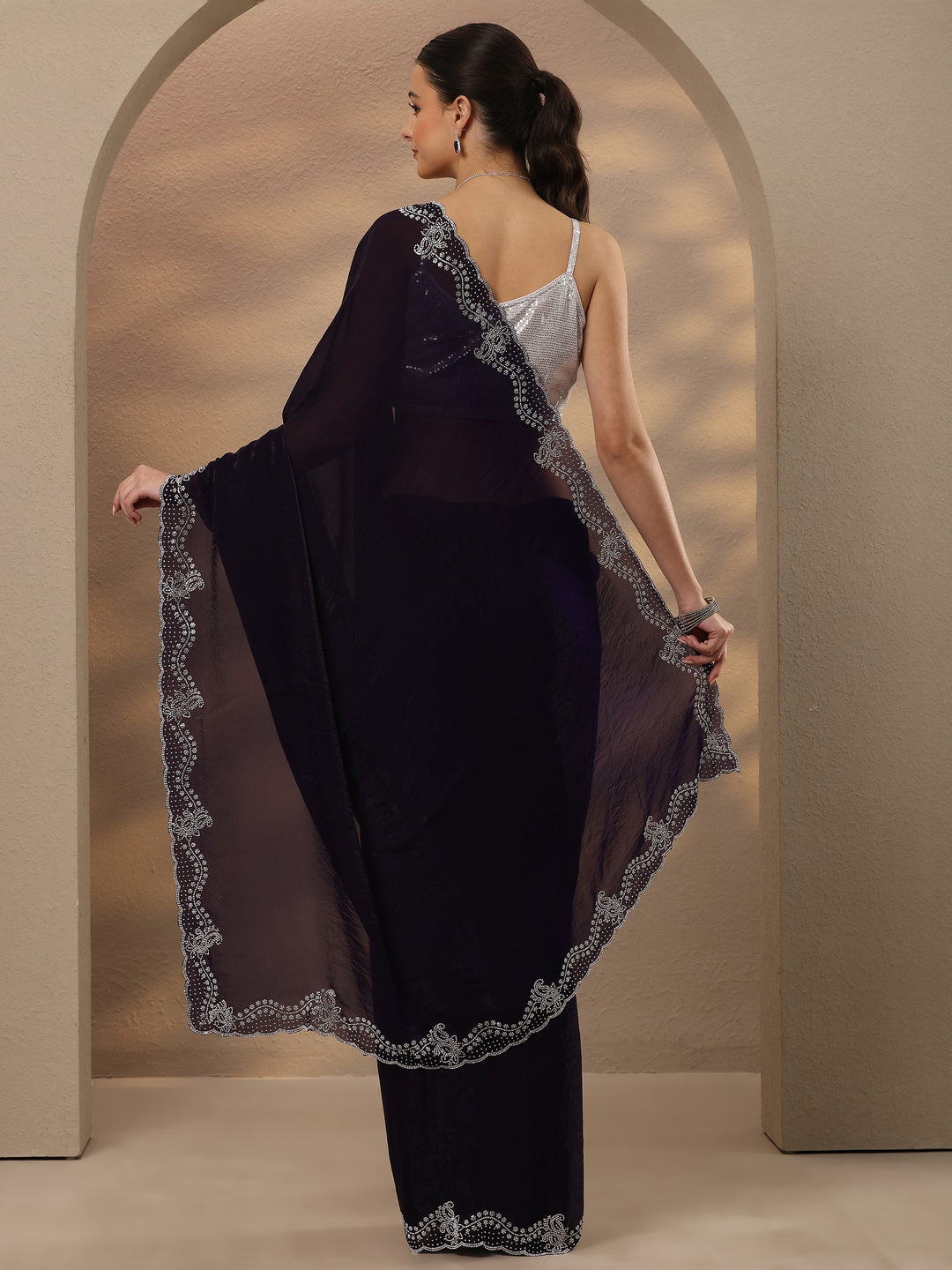  Purple Solid Silk Blend Saree With Unstitched Blouse Piece 