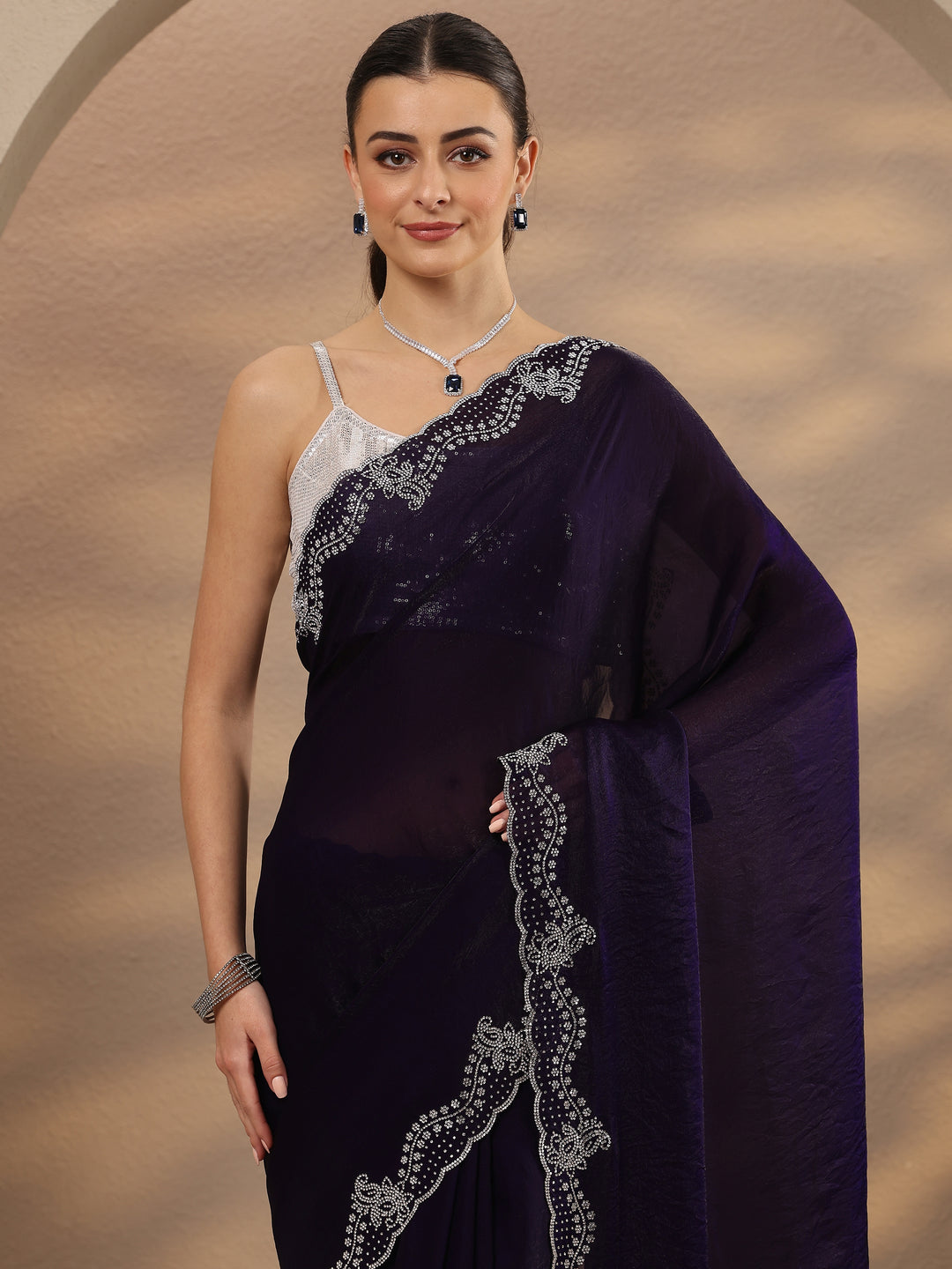  Purple Solid Silk Blend Saree With Unstitched Blouse Piece 