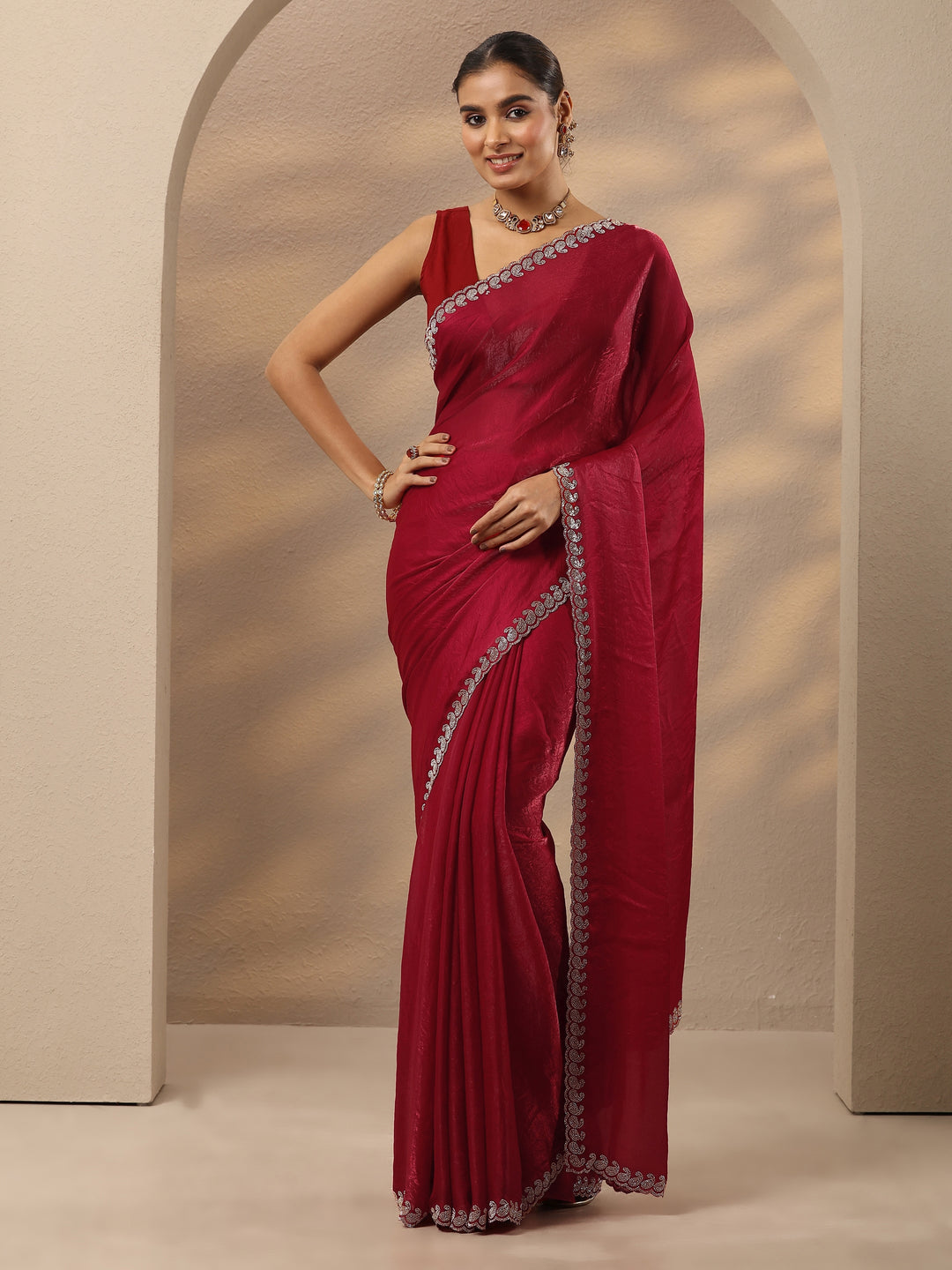  Red Solid Silk Blend Saree With Unstitched Blouse Piece 