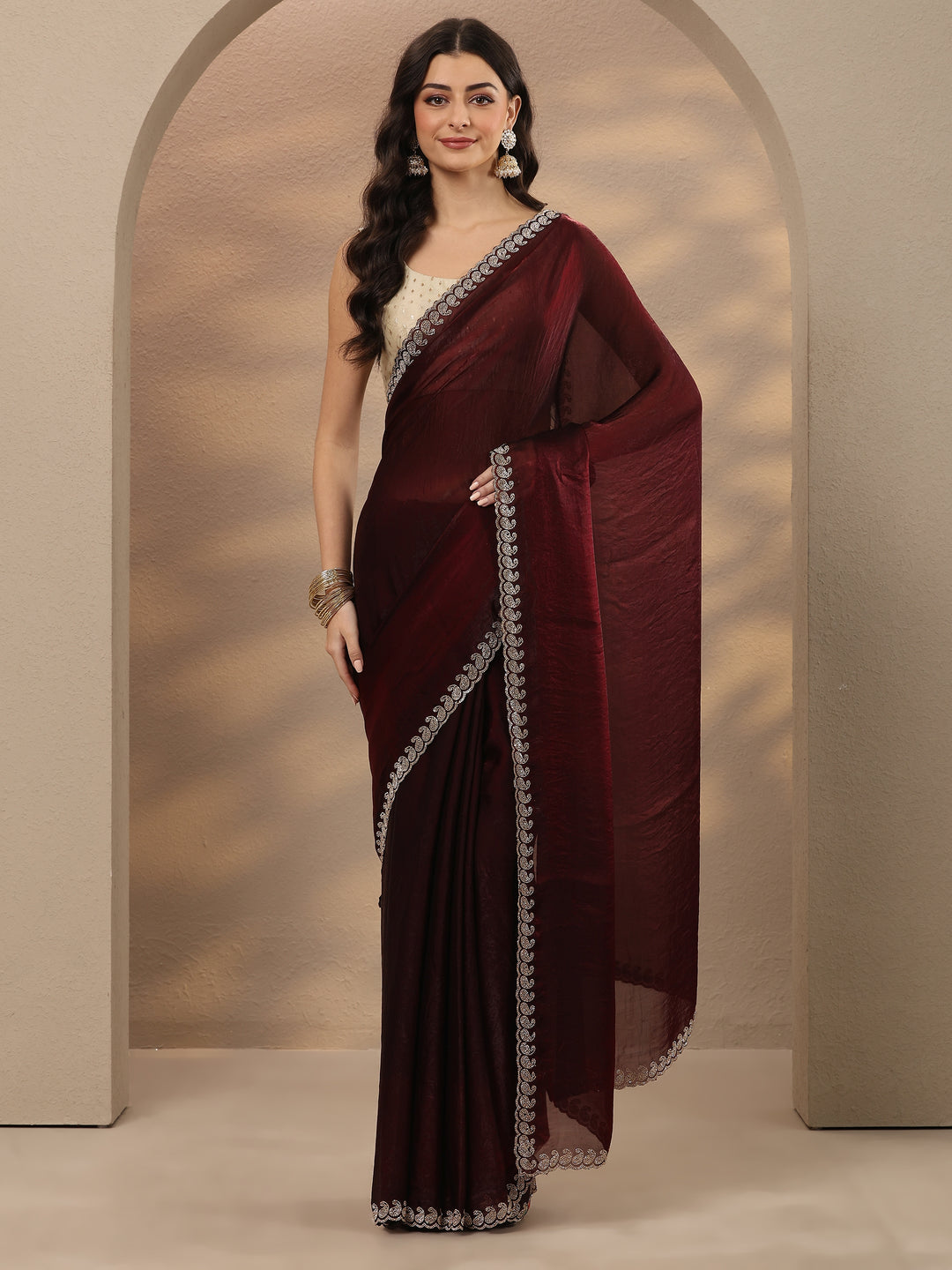  Maroon Solid Silk Blend Saree With Unstitched Blouse Piece 