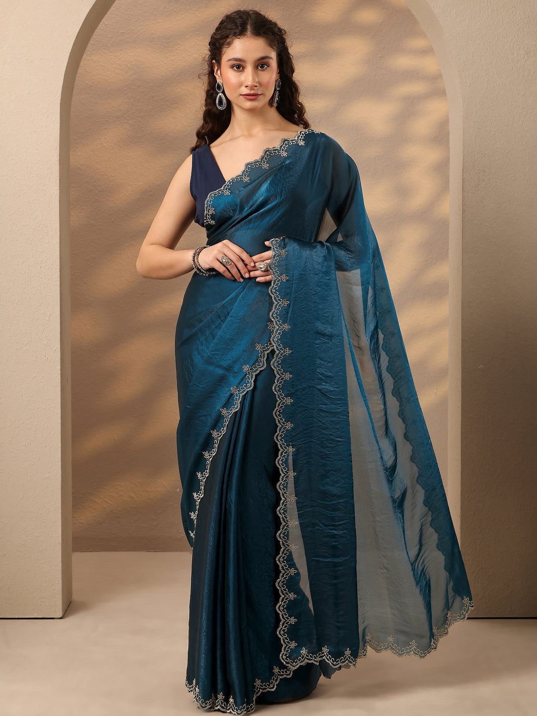  Blue Solid Silk Blend Saree With Unstitched Blouse Piece 