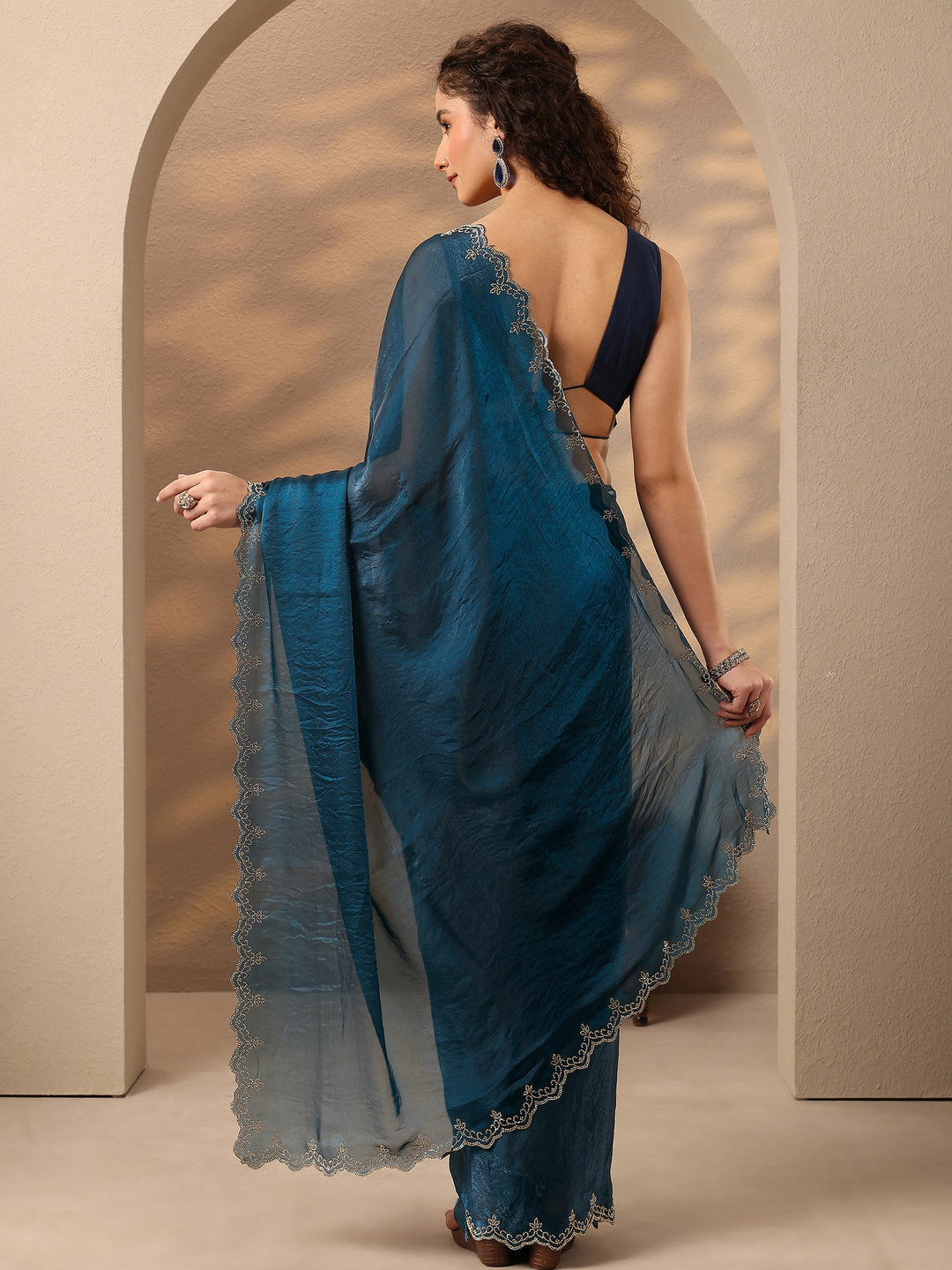  Blue Solid Silk Blend Saree With Unstitched Blouse Piece 