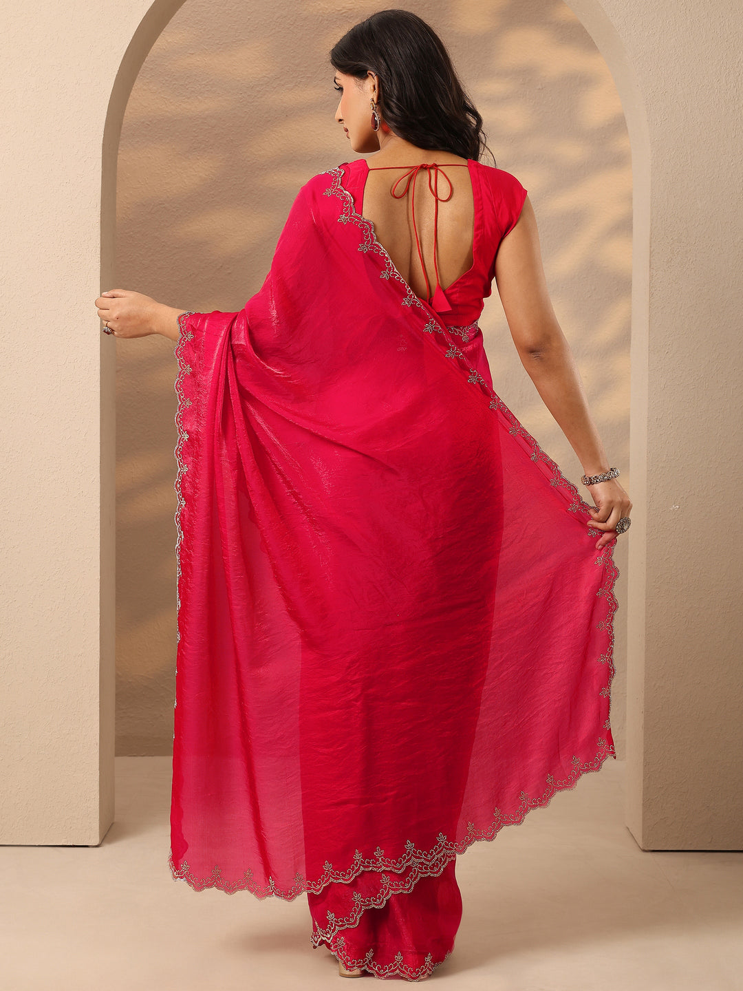  Red Solid Silk Blend Saree With Unstitched Blouse Piece 