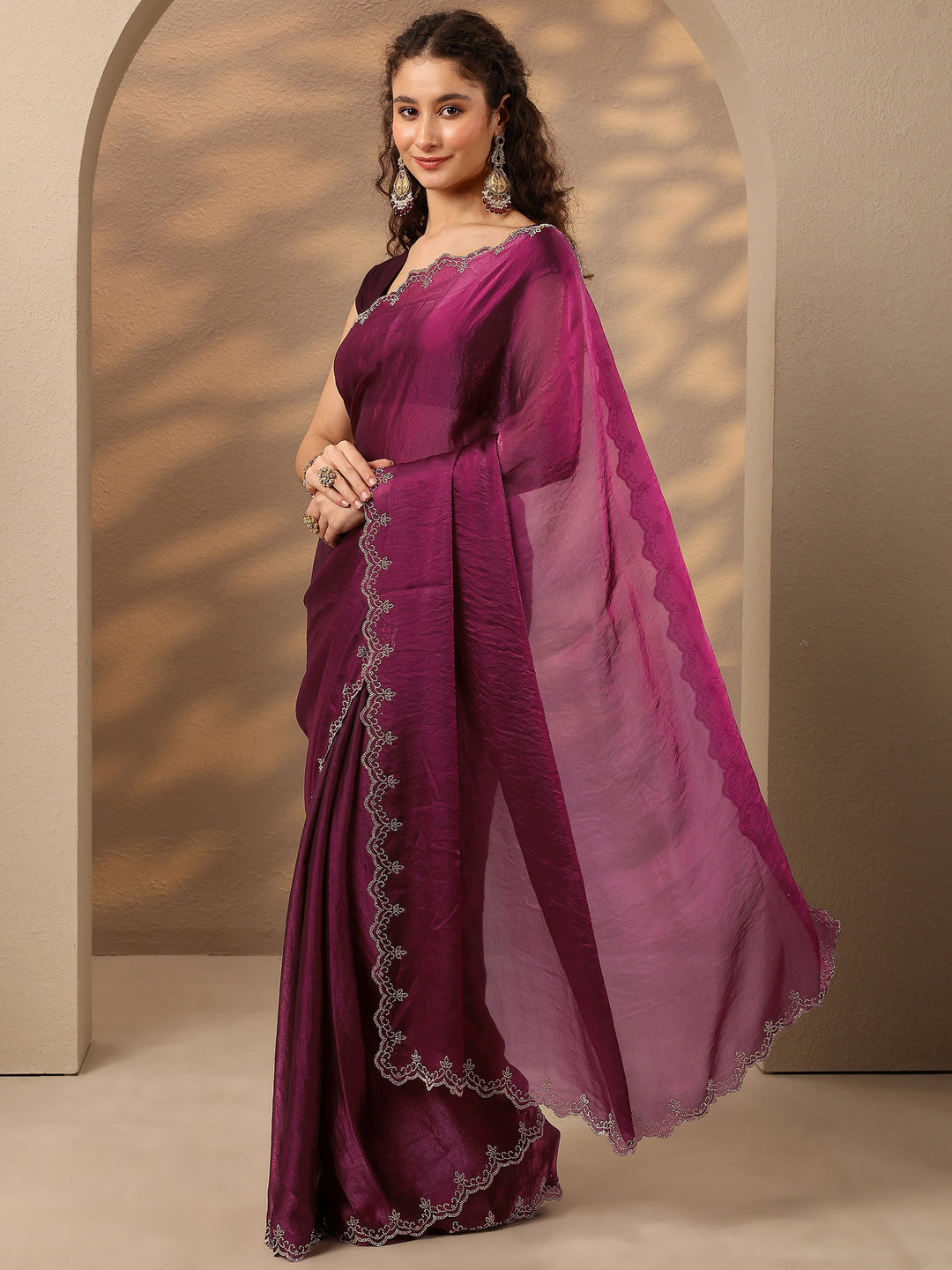  Magenta Solid Silk Blend Saree With Unstitched Blouse Piece 
