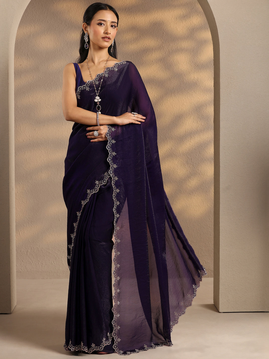  Purple Solid Silk Blend Saree With Unstitched Blouse Piece 