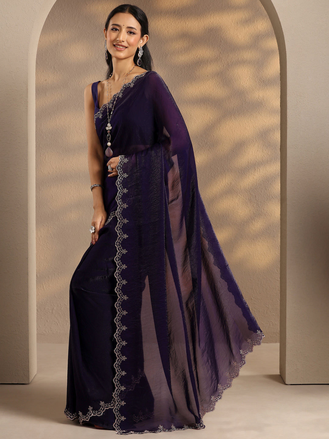  Purple Solid Silk Blend Saree With Unstitched Blouse Piece 