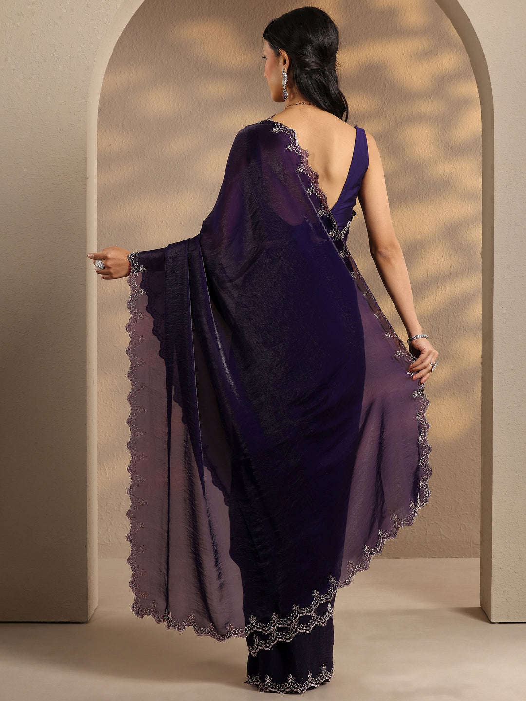  Purple Solid Silk Blend Saree With Unstitched Blouse Piece 