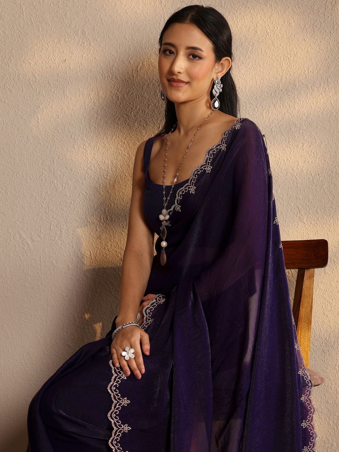  Purple Solid Silk Blend Saree With Unstitched Blouse Piece 
