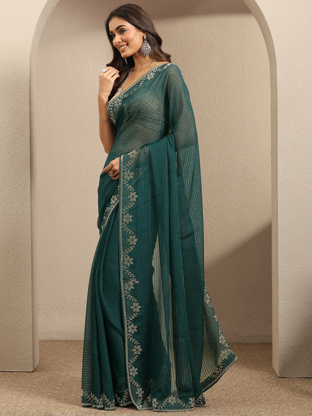  Green Embellished Georgette Saree With Unstitched Blouse Piece 