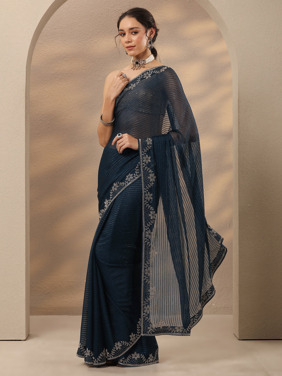  Navy Blue Embellished Georgette Saree With Unstitched Blouse Piece 