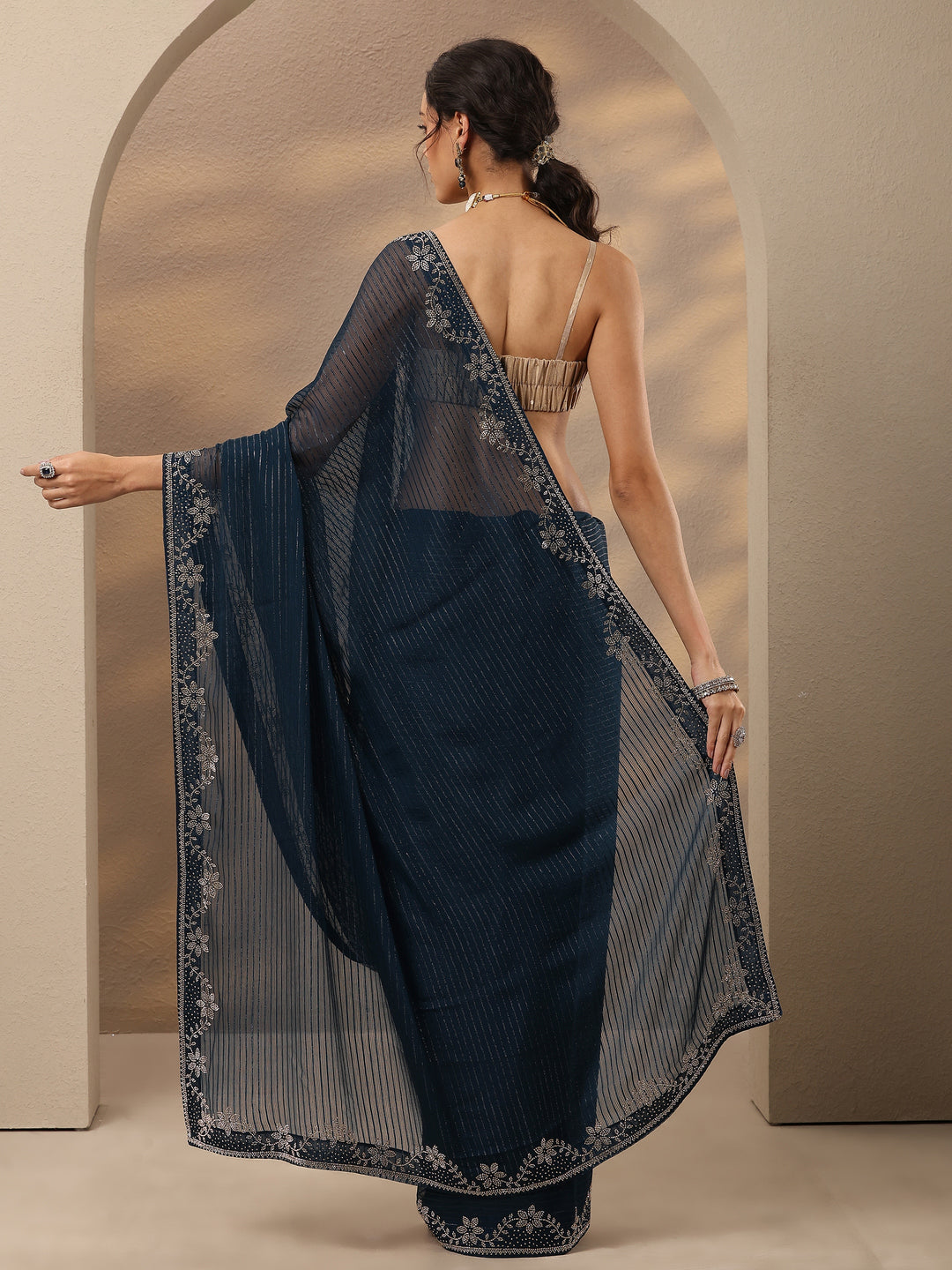  Navy Blue Embellished Georgette Saree With Unstitched Blouse Piece 