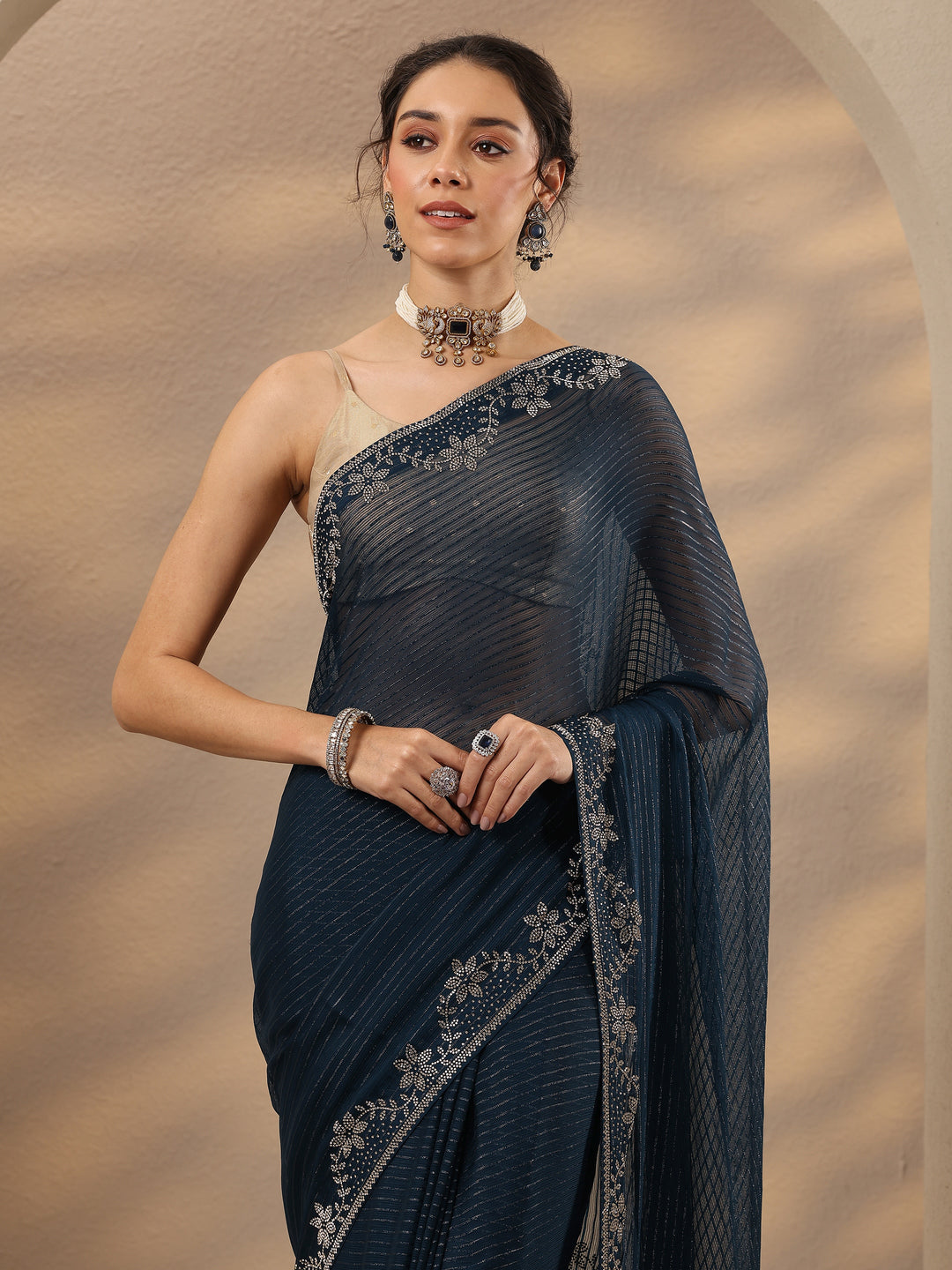  Navy Blue Embellished Georgette Saree With Unstitched Blouse Piece 
