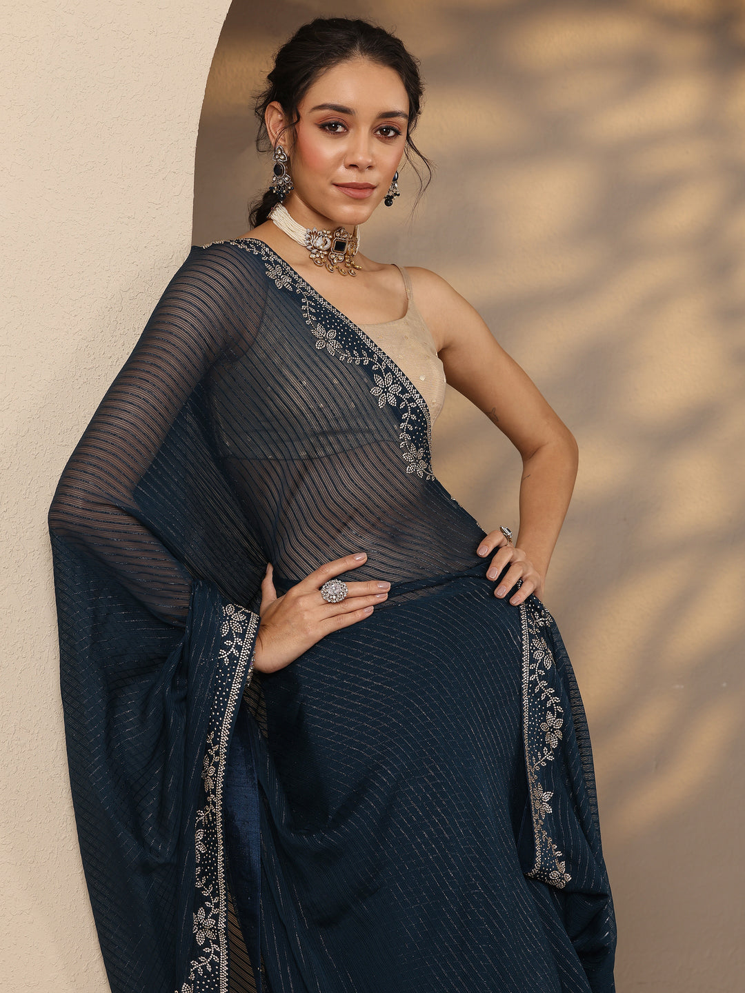  Navy Blue Embellished Georgette Saree With Unstitched Blouse Piece 