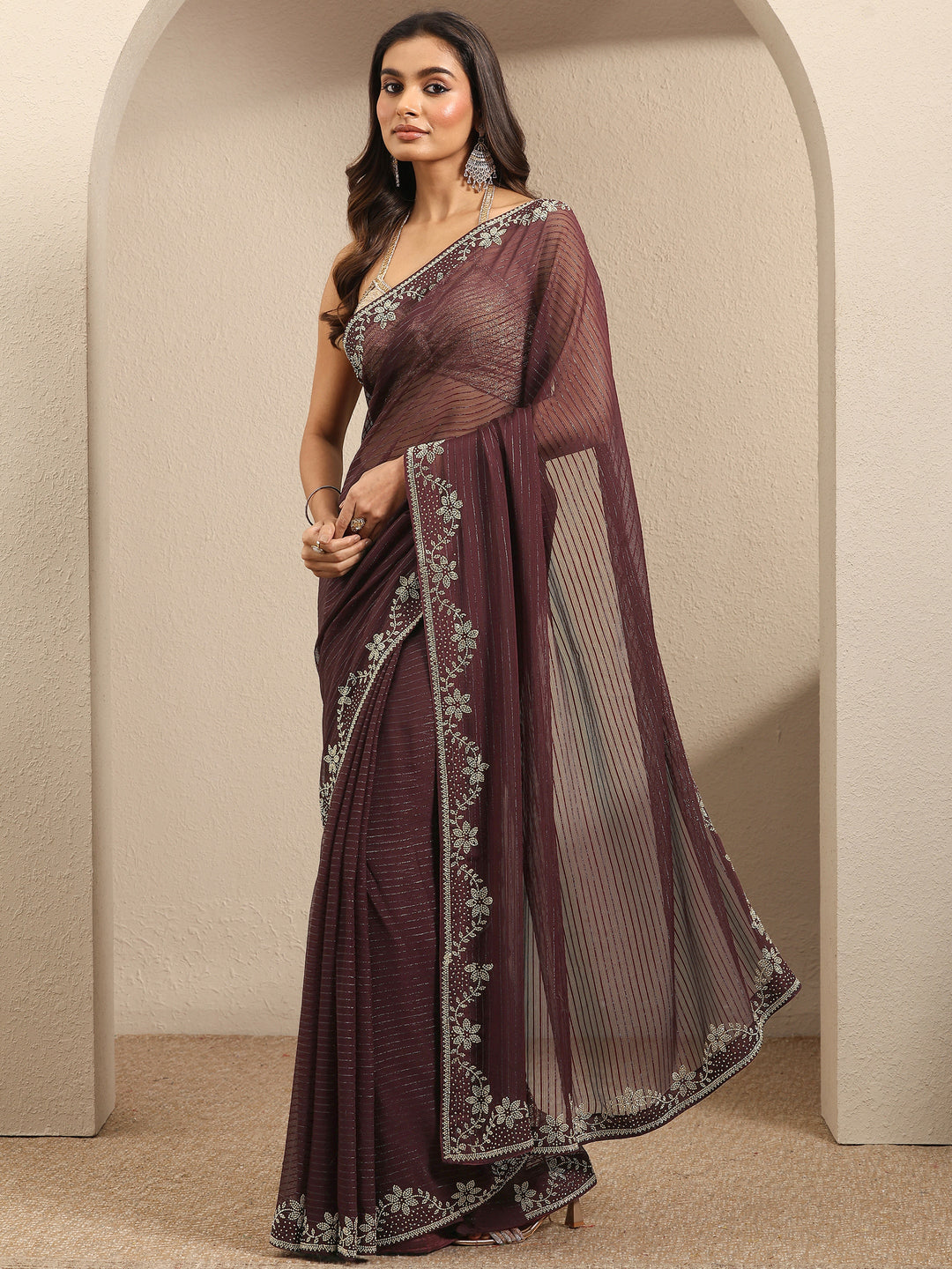  Burgundy Embellished Georgette Saree With Unstitched Blouse Piece 