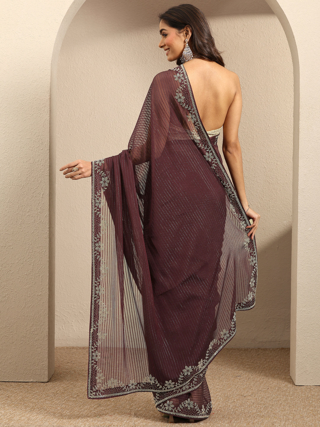  Burgundy Embellished Georgette Saree With Unstitched Blouse Piece 