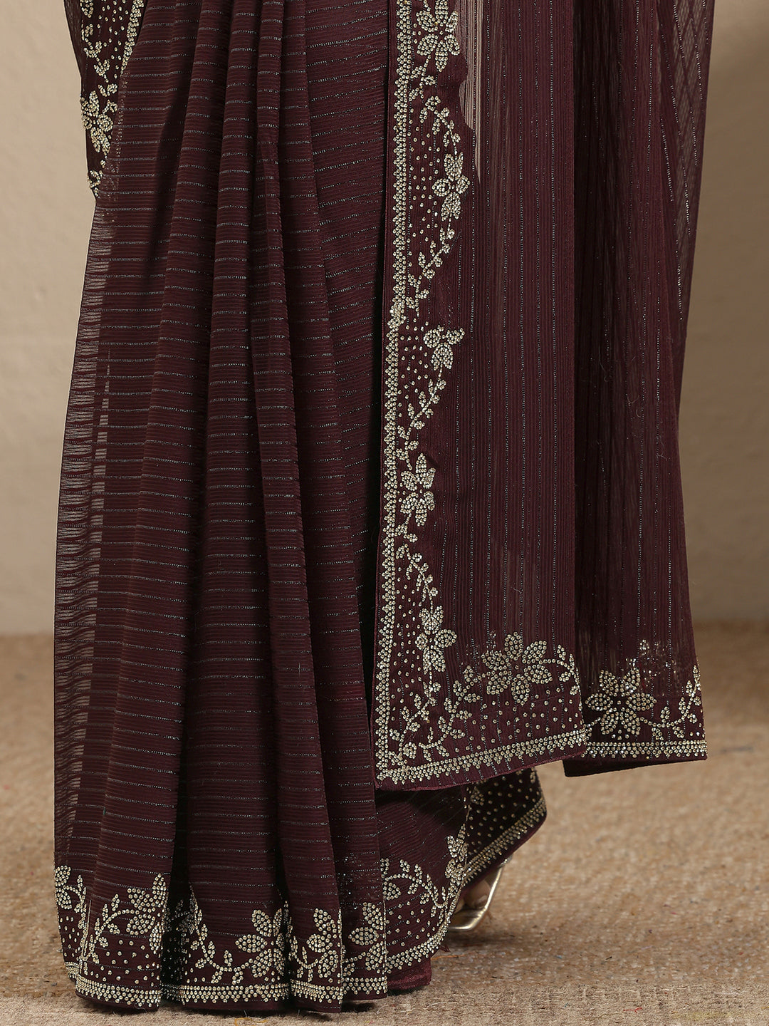  Burgundy Embellished Georgette Saree With Unstitched Blouse Piece 