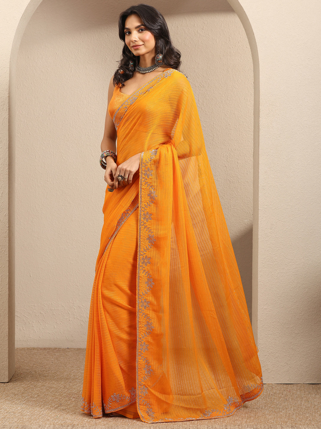  Orange Embellished Georgette Saree With Unstitched Blouse Piece 