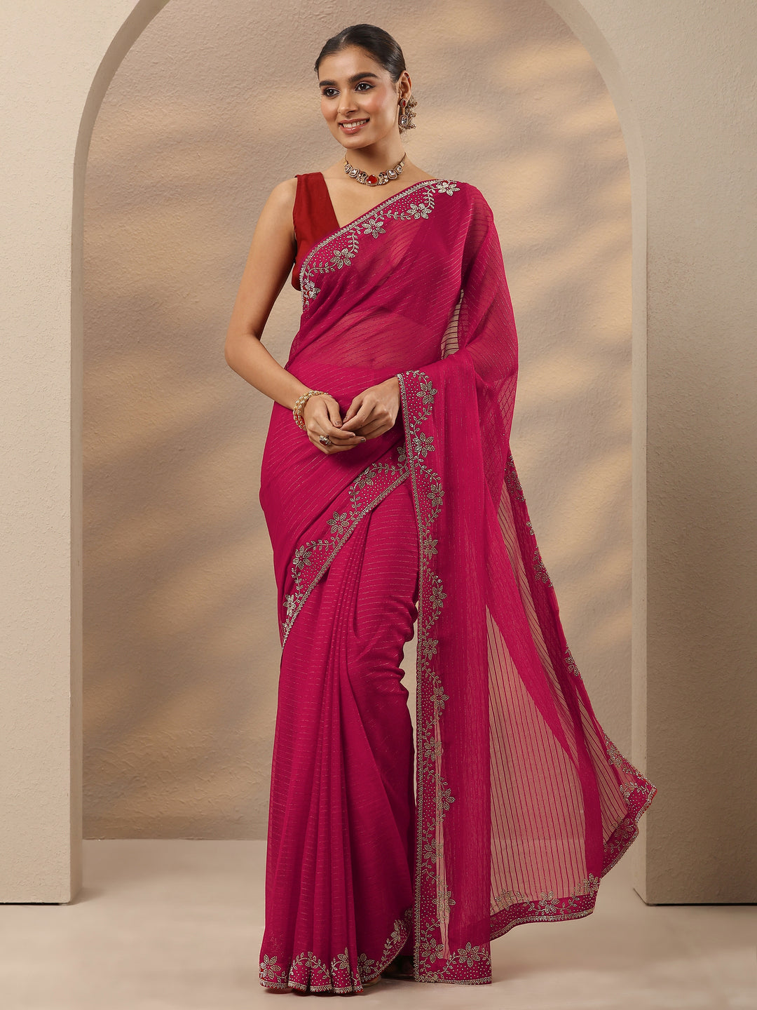  Red Embellished Georgette Saree With Unstitched Blouse Piece 