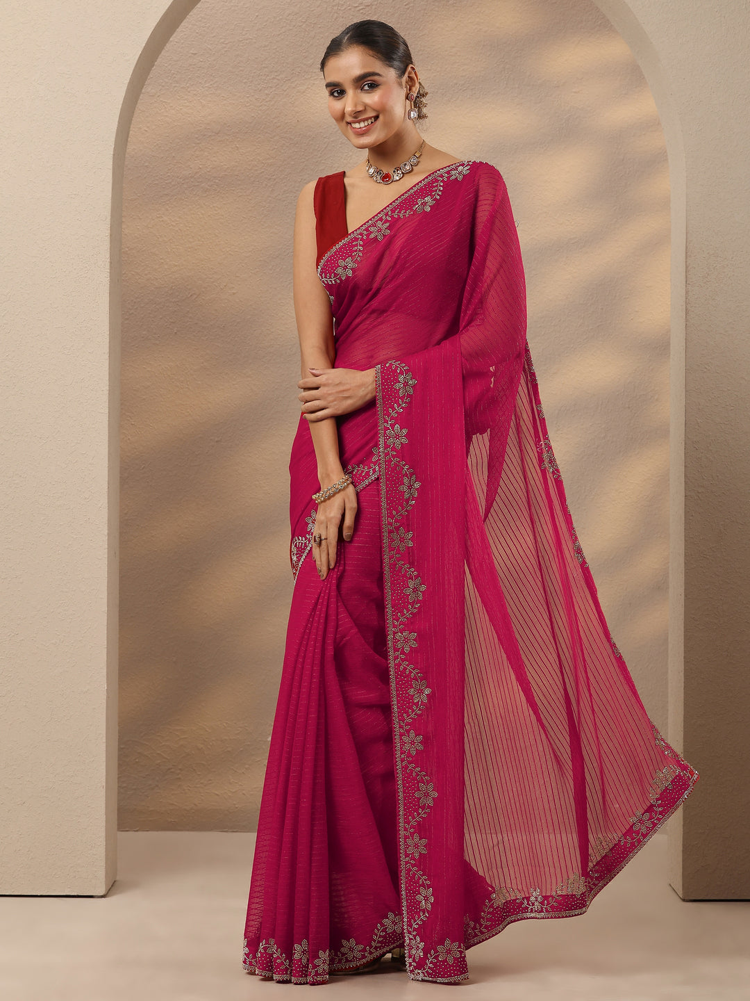  Red Embellished Georgette Saree With Unstitched Blouse Piece 