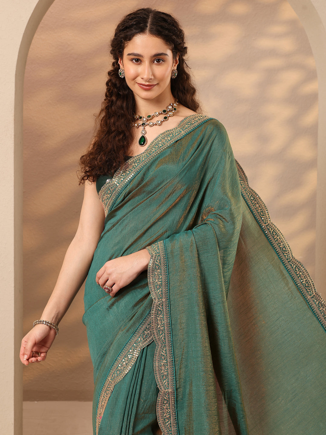  Green Solid Silk Blend Saree With Unstitched Blouse Piece 