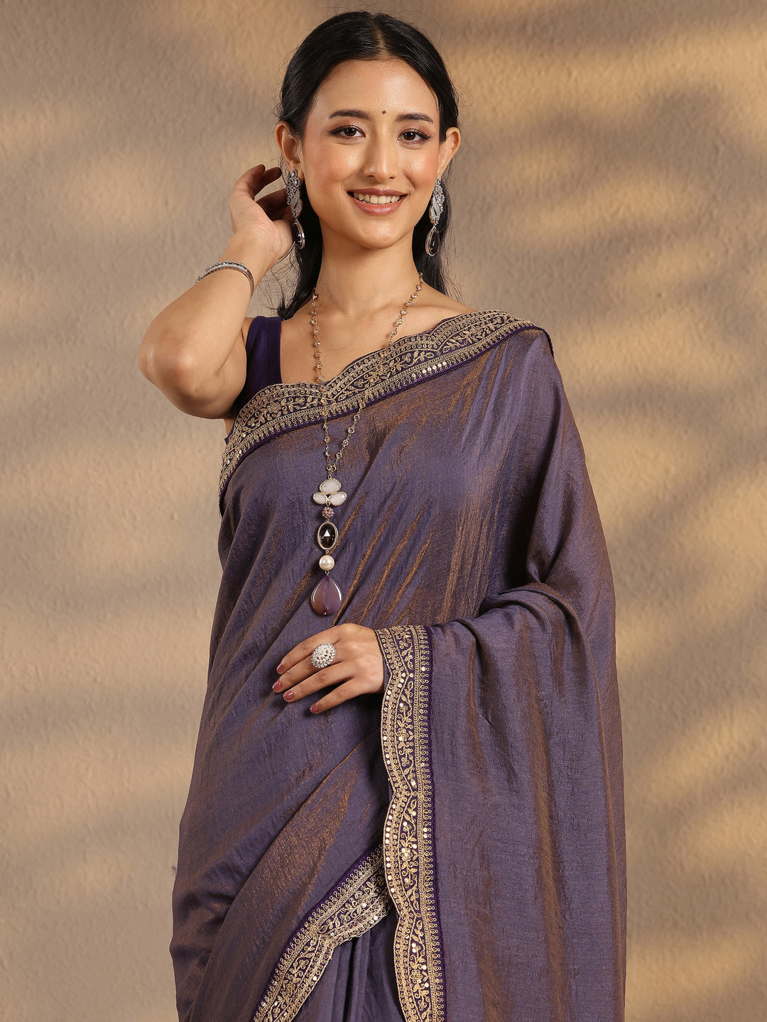  Lavender Solid Silk Blend Saree With Unstitched Blouse Piece 