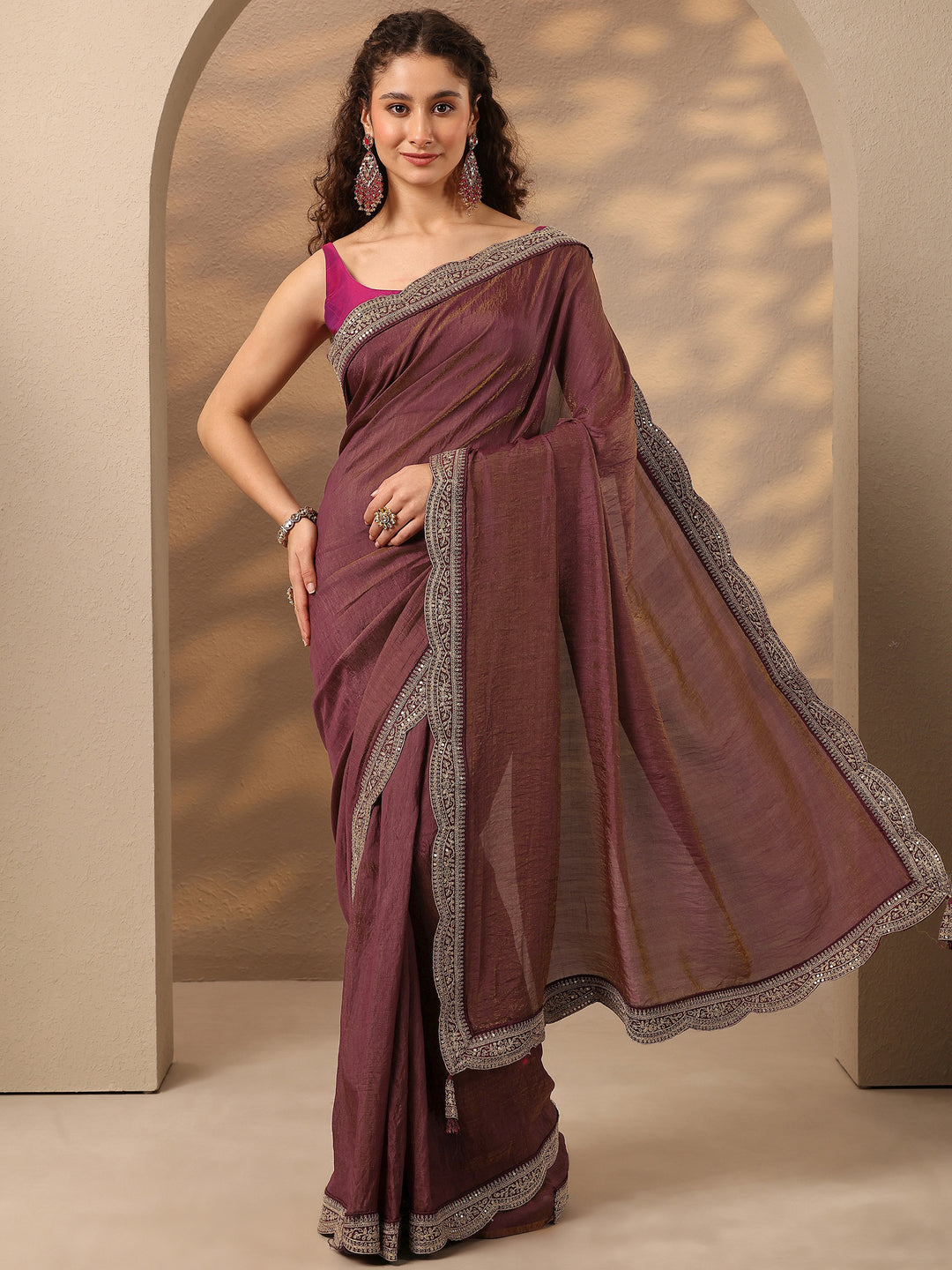  Pink Solid Silk Blend Saree With Unstitched Blouse Piece 