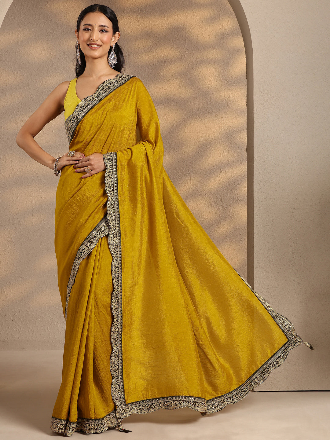  Mustard Solid Silk Blend Saree With Unstitched Blouse Piece 