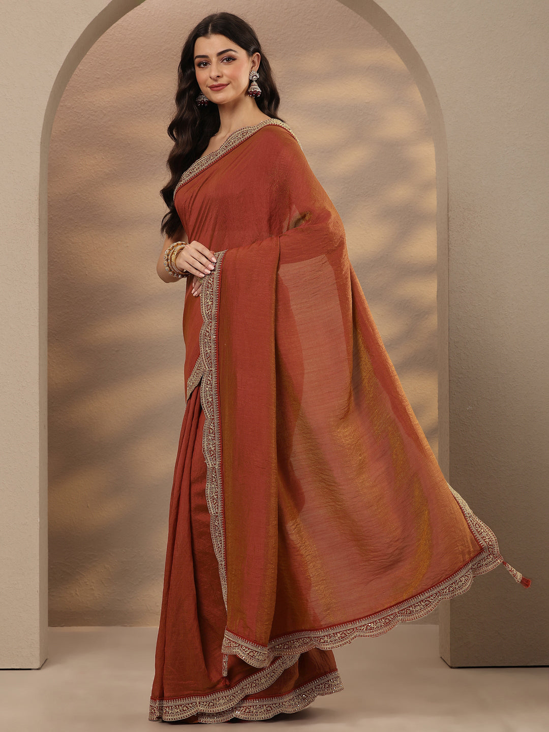 Rust Solid Silk Blend Saree With Unstitched Blouse Piece 