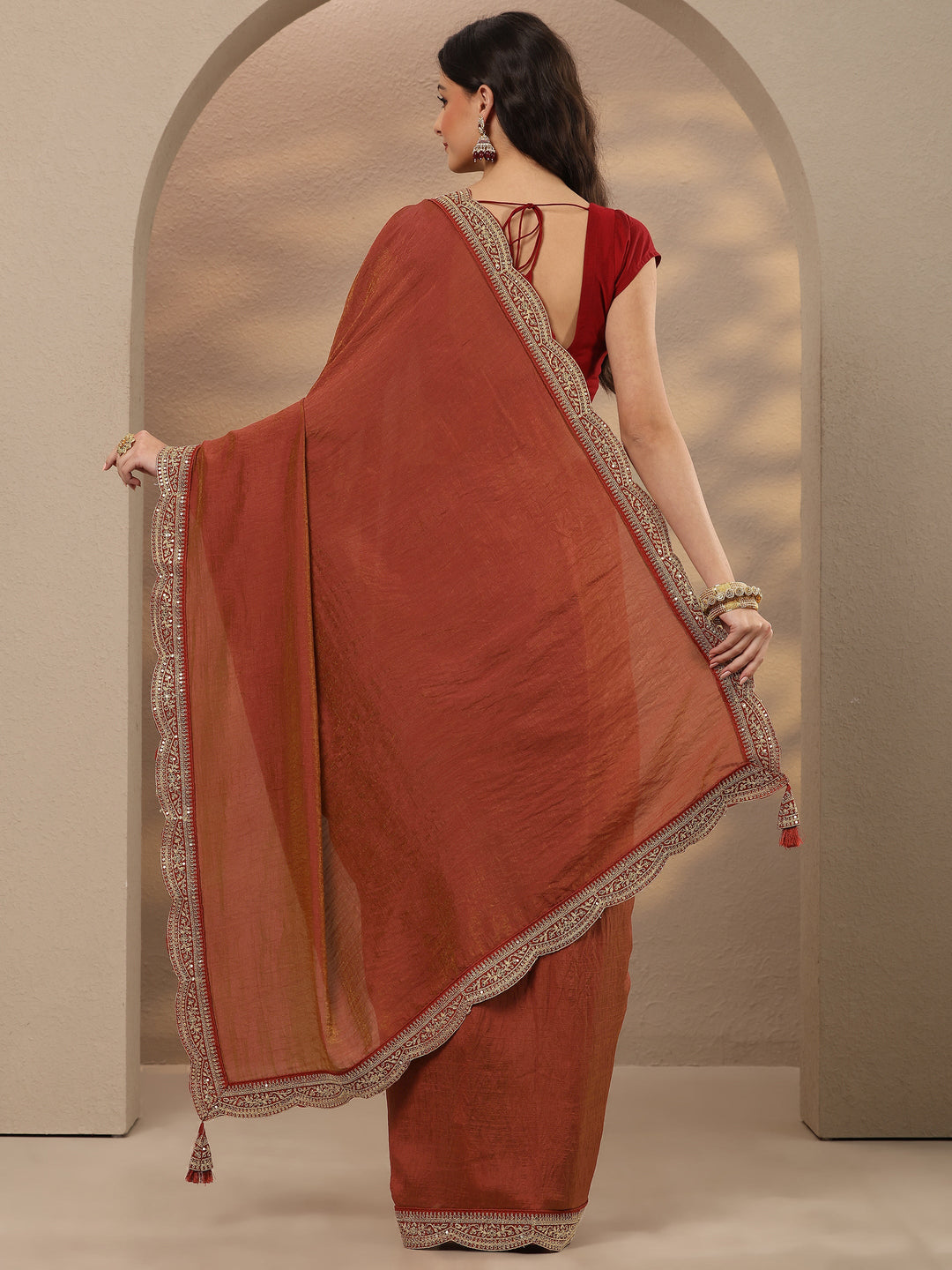  Rust Solid Silk Blend Saree With Unstitched Blouse Piece 