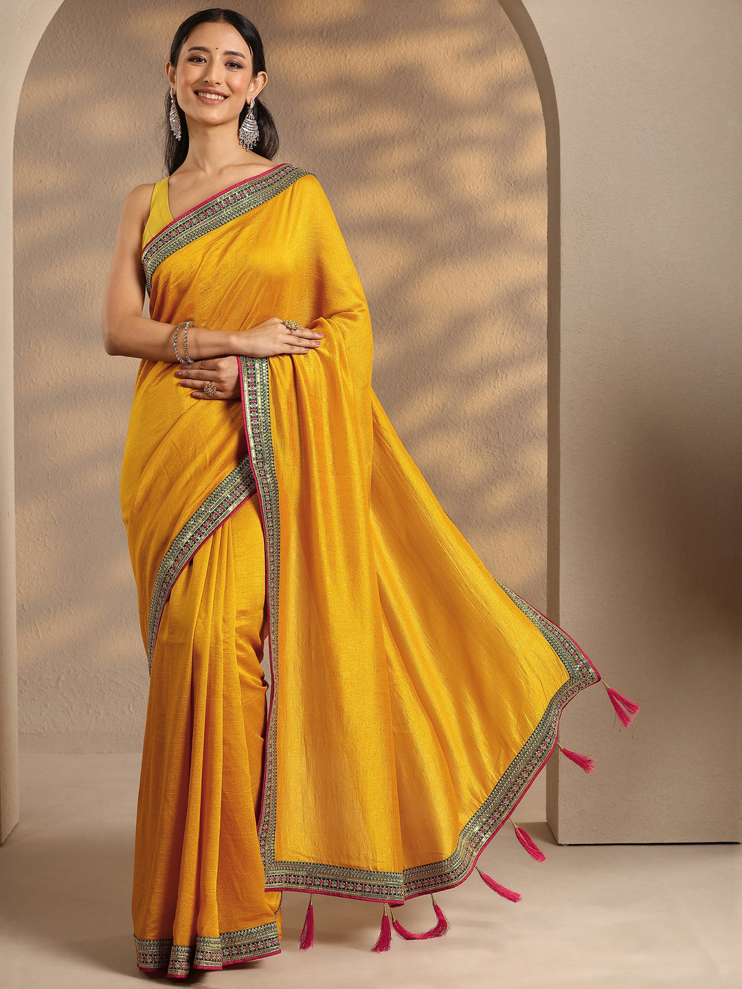  Mustard Solid Silk Blend Saree With Unstitched Blouse Piece 
