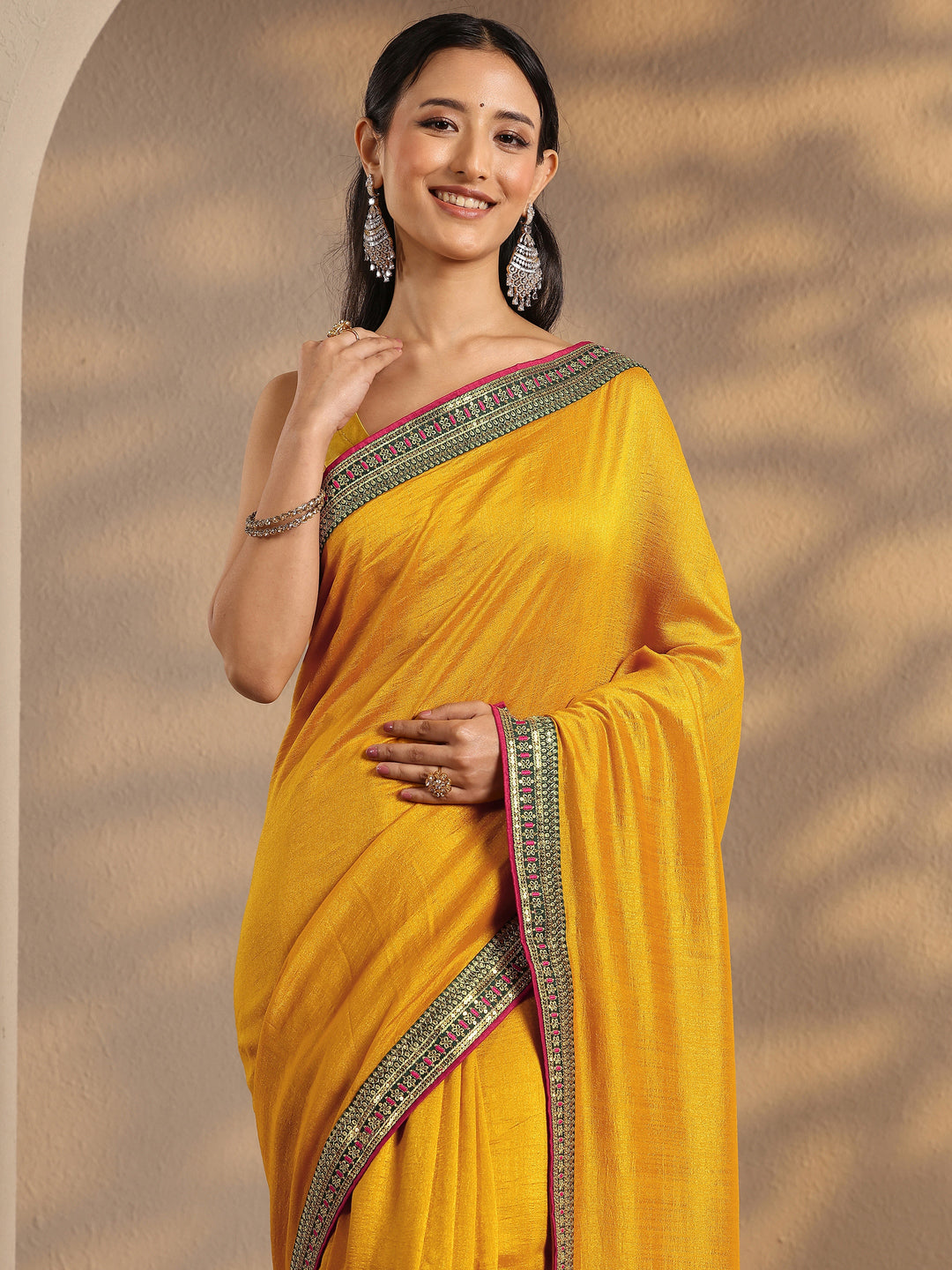  Mustard Solid Silk Blend Saree With Unstitched Blouse Piece 