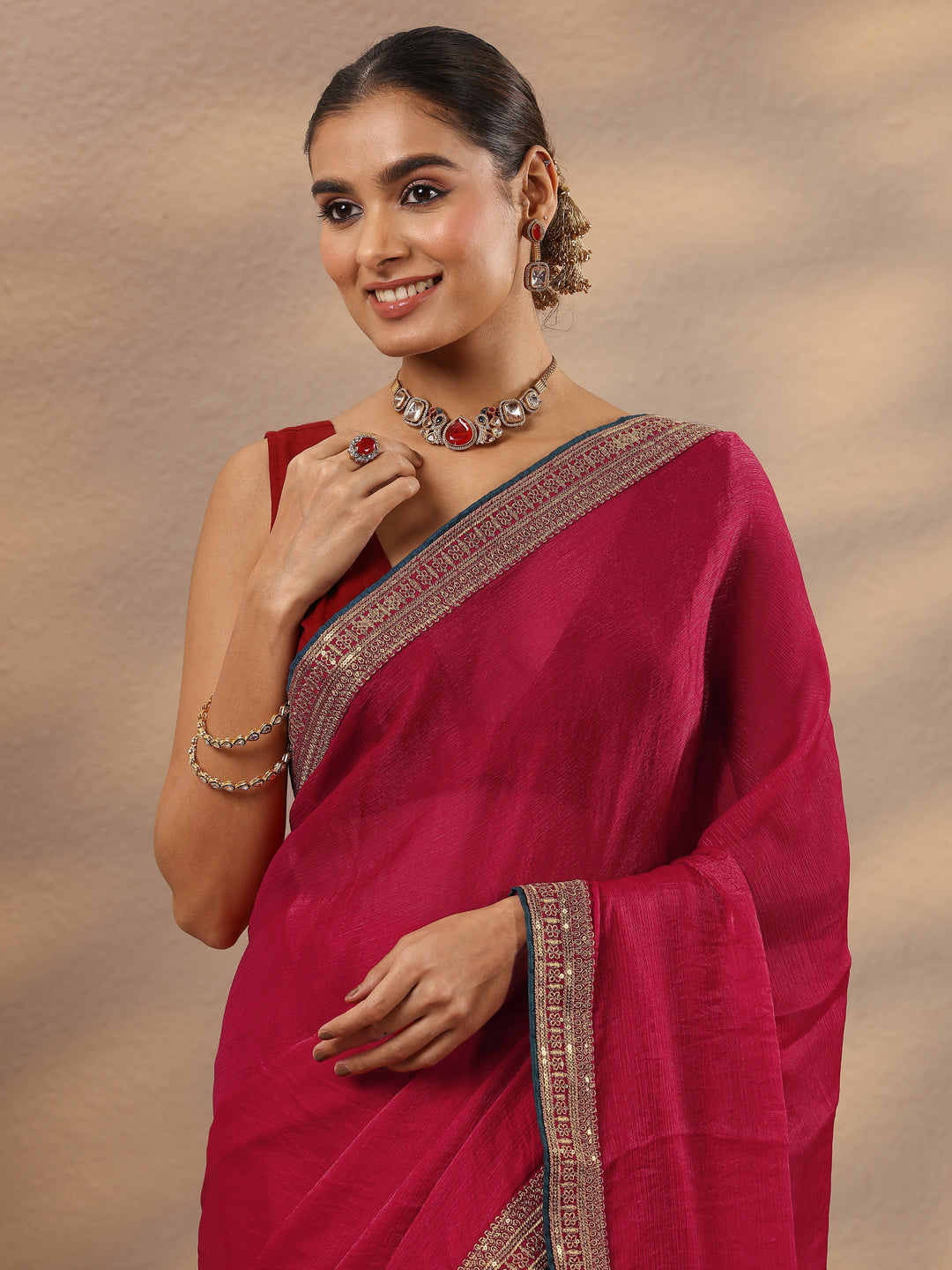  Pink Solid Silk Blend Saree With Unstitched Blouse Piece 